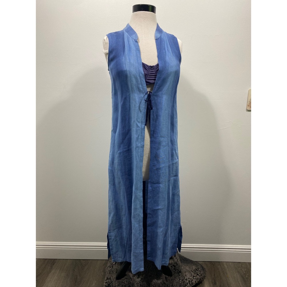 Linen Sleeveless Duster Tie Front Long Vest Blue Denim Look Boho‎ Cover Up